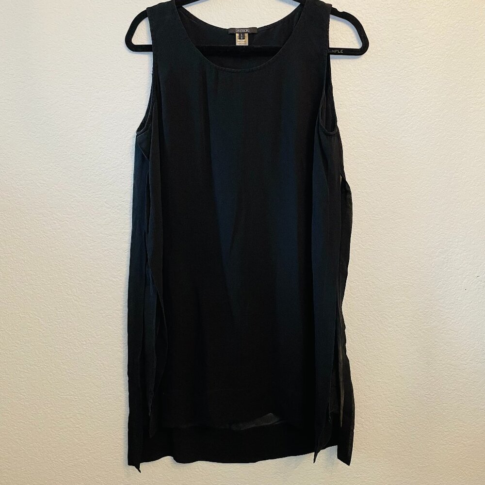 Dressori Black 100% Silk Side Slit Lined High Low Sheath Dress | Large